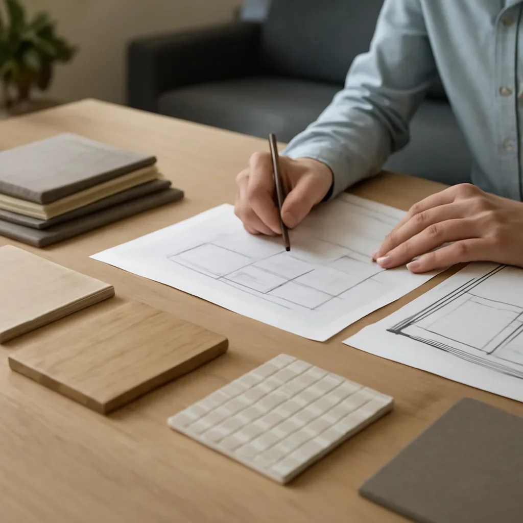 About planning session with samples, drawings, and measured layout decisions