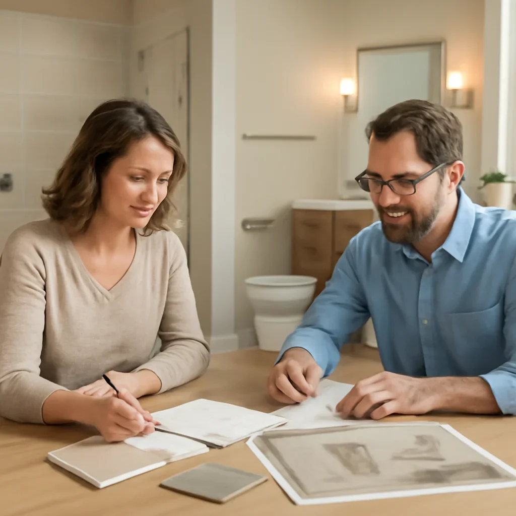 Accessible Bathroom Design Ideas homeowner consultation with notes, samples, and room ideas