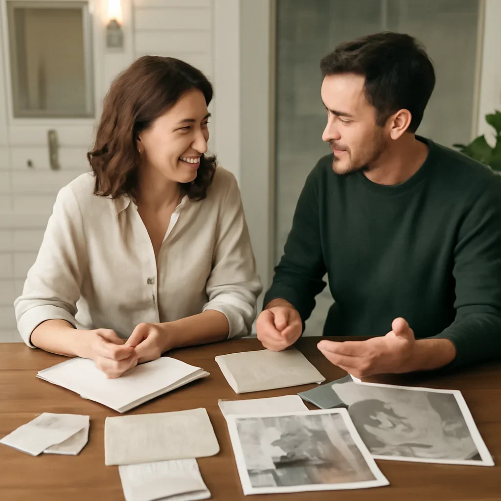 Bathroom Backsplash and Tile Trends homeowner consultation with notes, samples, and room ideas