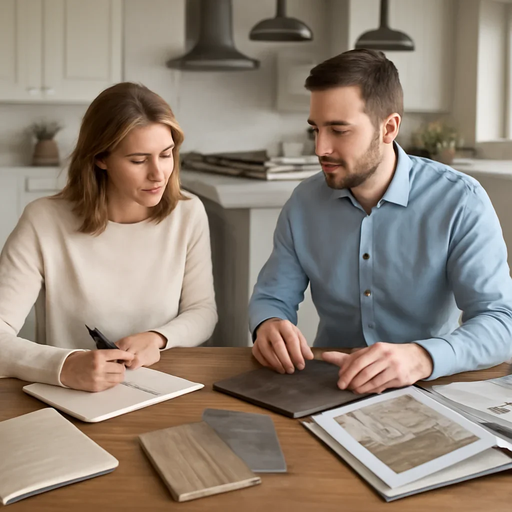 Best Flooring for Kitchens in Ontario homeowner consultation with notes, samples, and room ideas