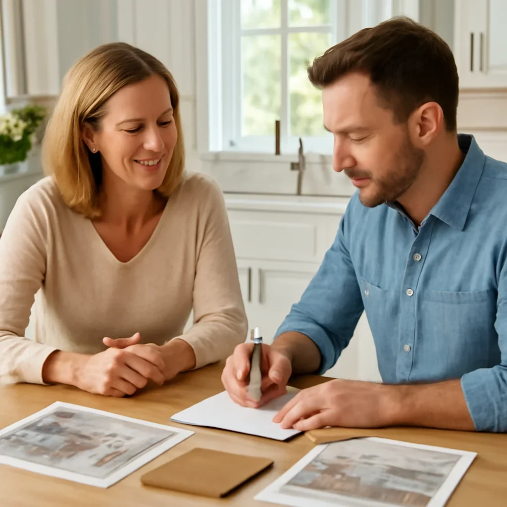 How Long Does a Kitchen Renovation Take? homeowner consultation with notes, samples, and room ideas