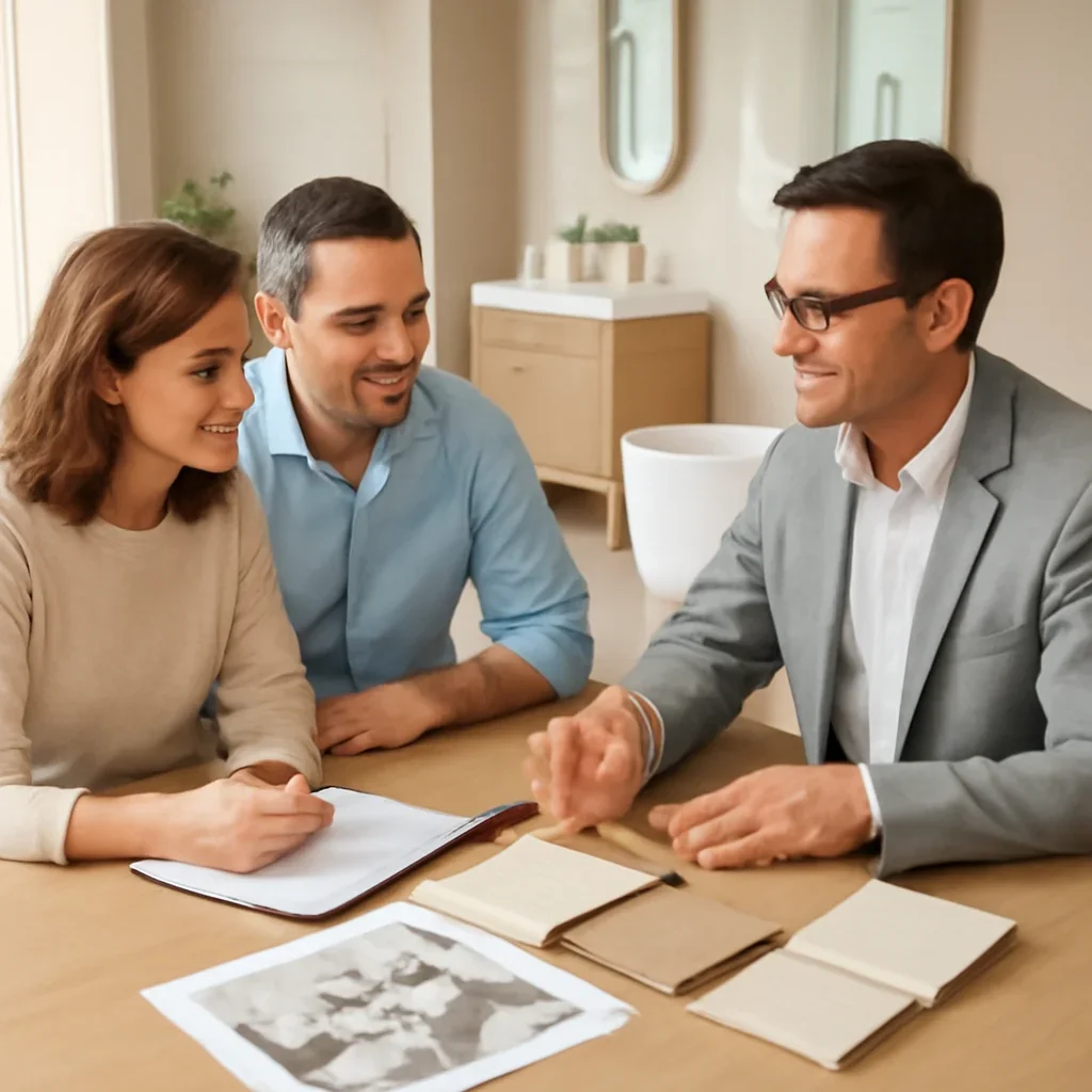 How to Budget for a Bathroom Renovation homeowner consultation with notes, samples, and room ideas