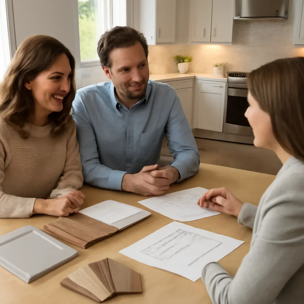 How to Choose Kitchen Cabinets homeowner consultation with notes, samples, and room ideas