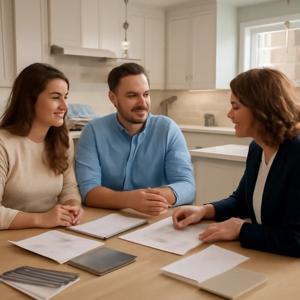 Kitchen Renovation Cost in Barrie homeowner consultation with notes, samples, and room ideas