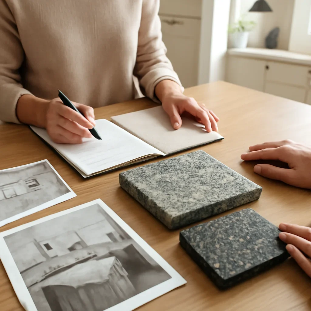 Quartz vs Granite for Ontario Homes homeowner consultation with notes, samples, and room ideas