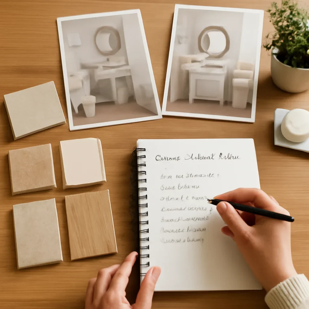 Small Bathroom Ideas for Cottages homeowner consultation with notes, samples, and room ideas