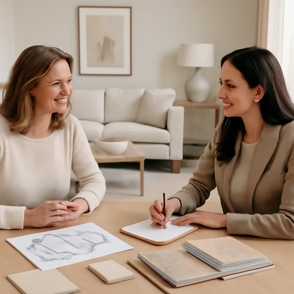 What to Expect at a Showroom Consultation homeowner consultation with notes, samples, and room ideas
