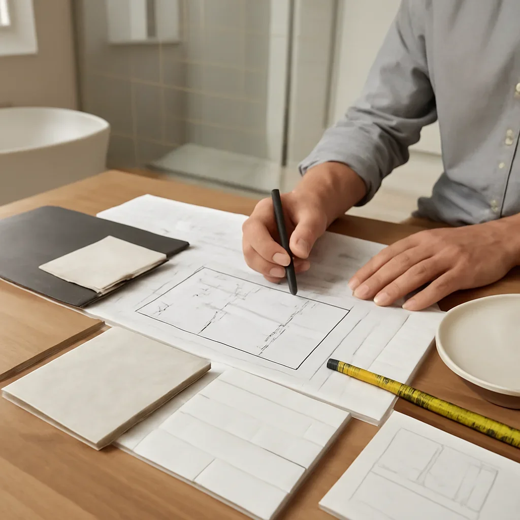 Oro-Medonte Bathroom Remodel planning session with samples, drawings, and measured layout decisions