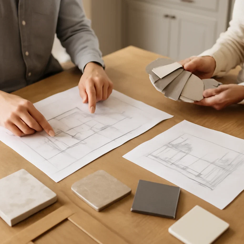 Shanty Bay Kitchen & Bath Refresh planning session with samples, drawings, and measured layout decisions