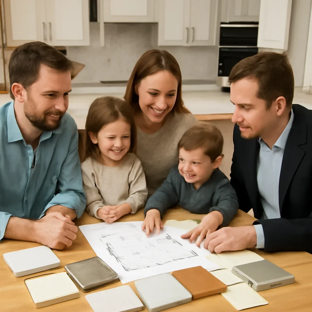 Showroom-Planned Family Kitchen planning session with samples, drawings, and measured layout decisions