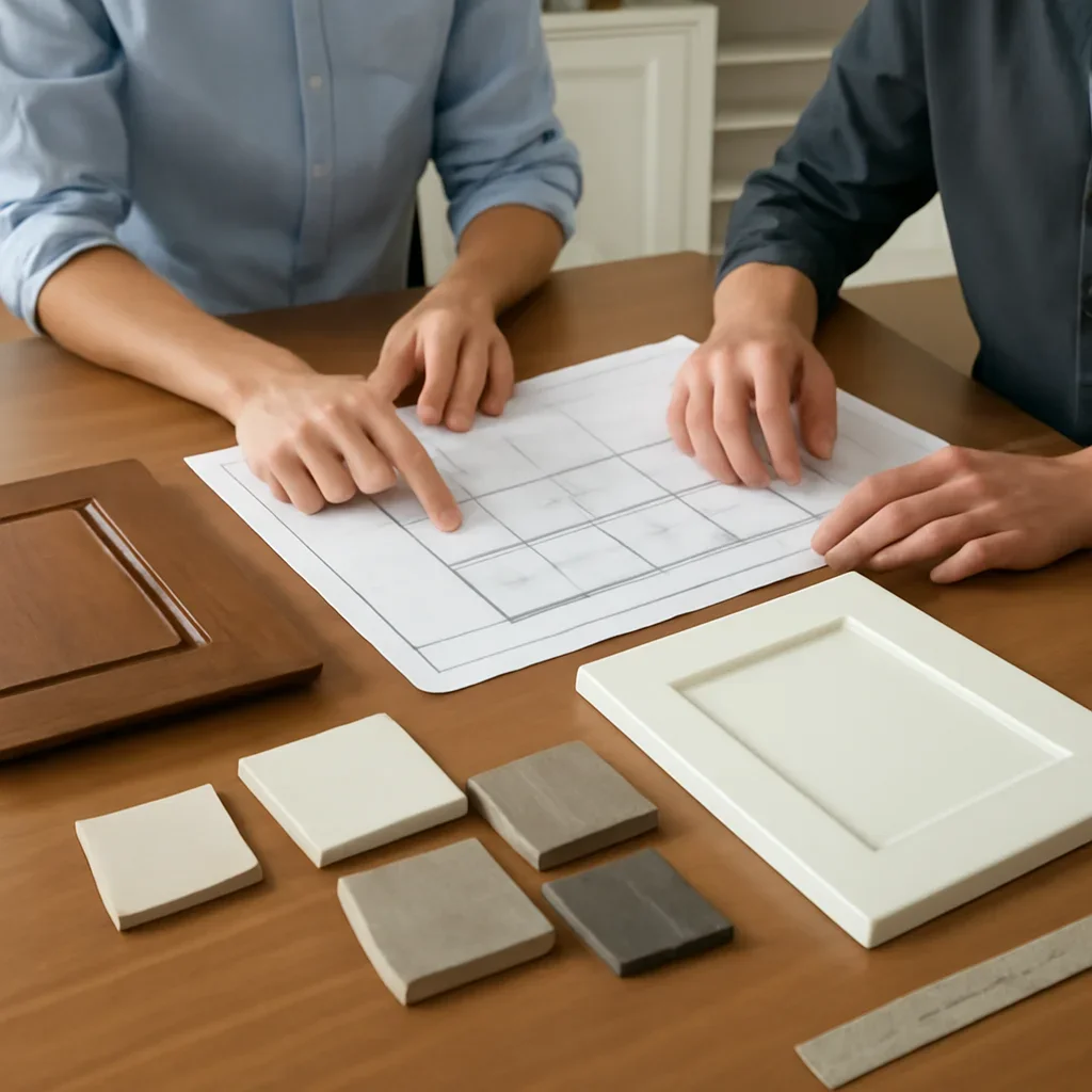 Custom Cabinets vs Stock Cabinets planning session with samples, drawings, and measured layout decisions