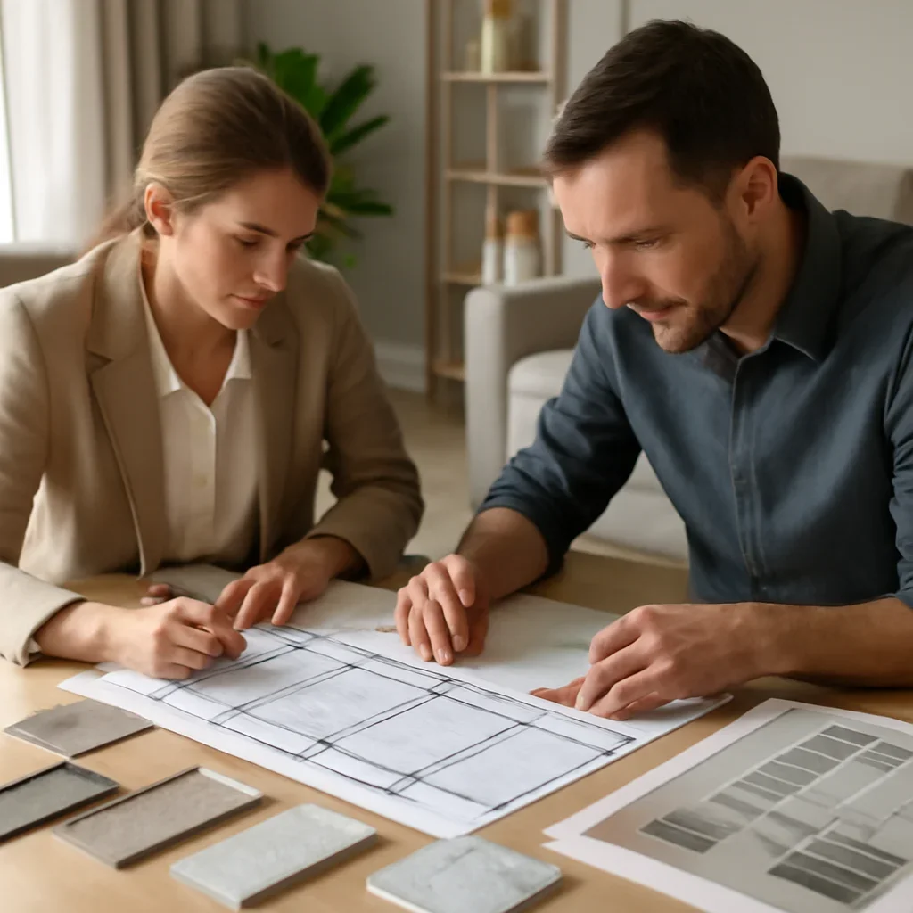 Compare planning session with samples, drawings, and measured layout decisions