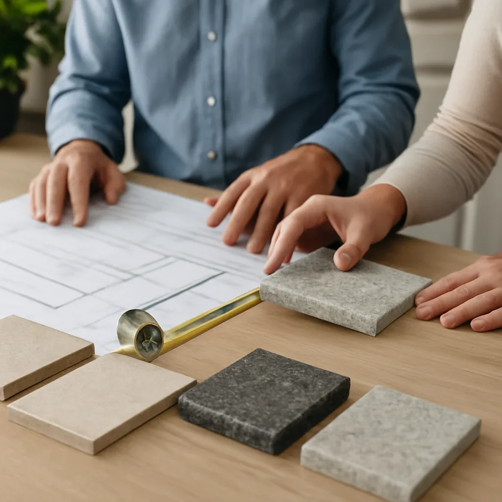 Custom Countertops planning session with samples, drawings, and measured layout decisions