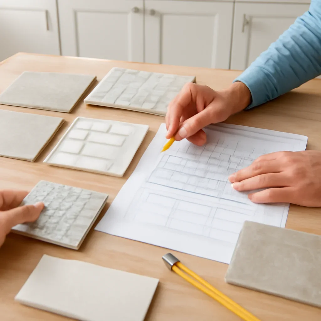 Tile Backsplashes planning session with samples, drawings, and measured layout decisions