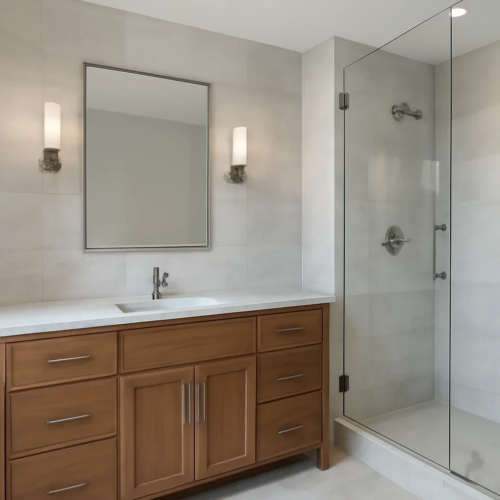 refined bathroom with custom vanity, tile wall, and glass shower enclosure