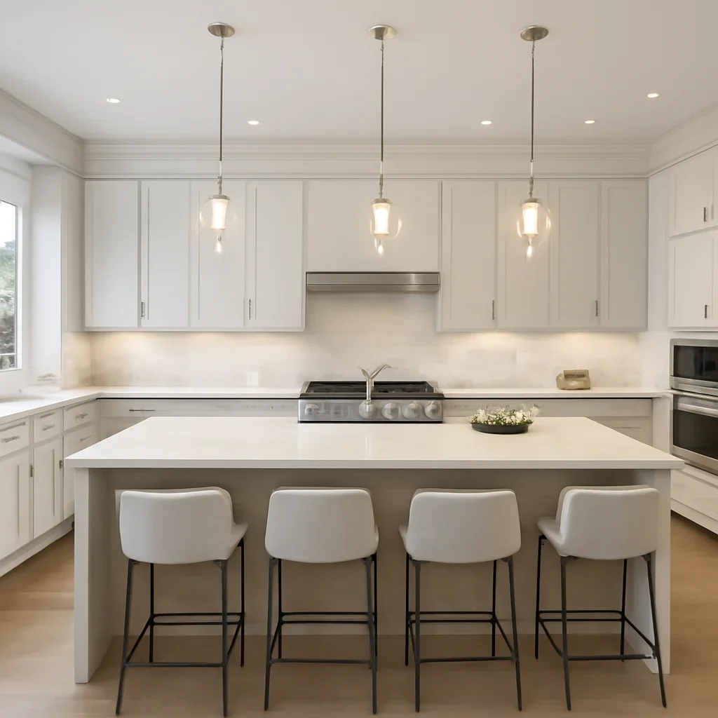 bright custom kitchen with island seating, layered lighting, and quartz surfaces