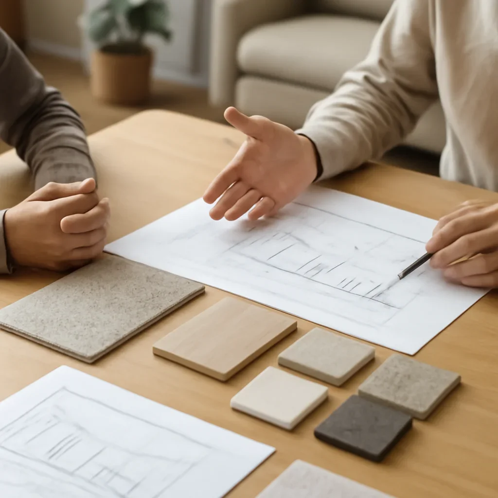 Pricing planning session with samples, drawings, and measured layout decisions