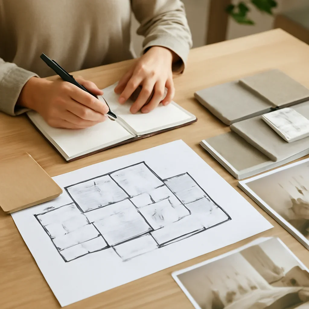 HTML Sitemap homeowner consultation with notes, samples, and room ideas
