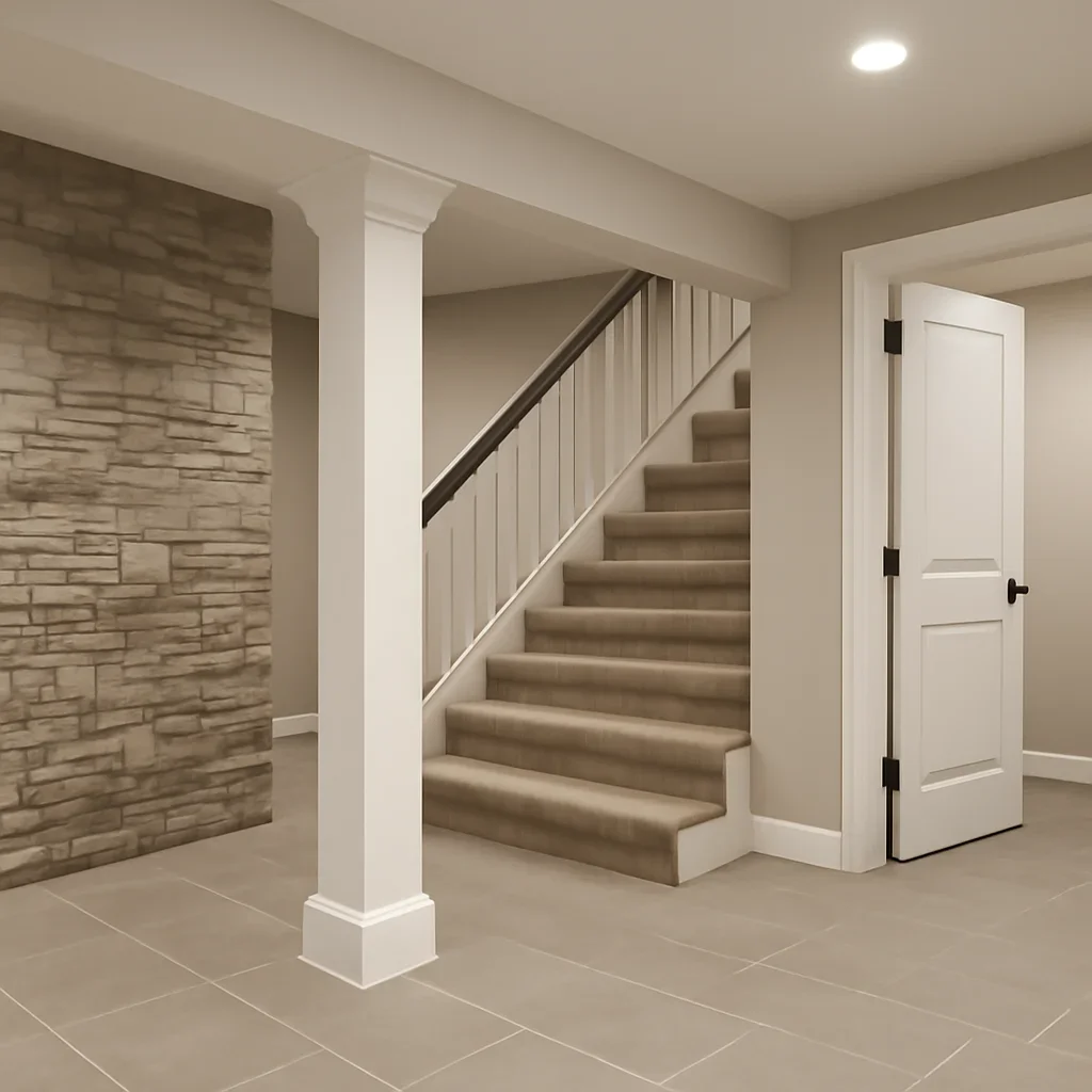 Basement Design materials and finish details shown in a close residential setting