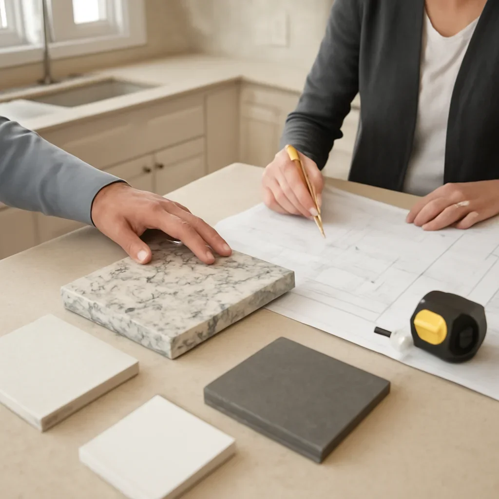 Countertop Installation planning session with samples, drawings, and measured layout decisions