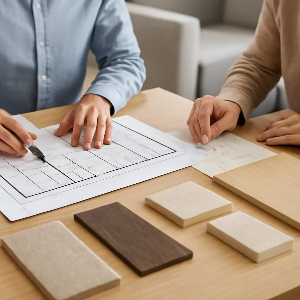 Solutions planning session with samples, drawings, and measured layout decisions