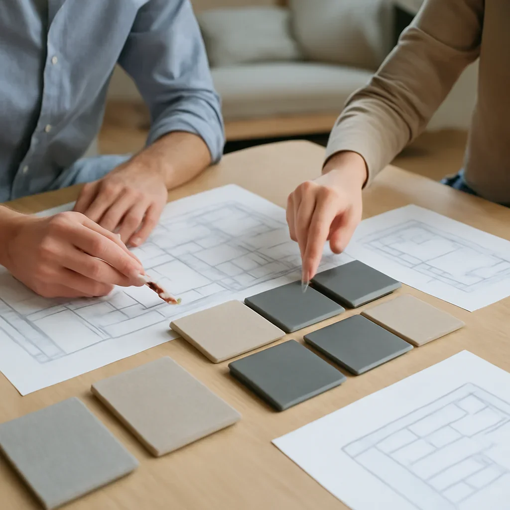 Support planning session with samples, drawings, and measured layout decisions